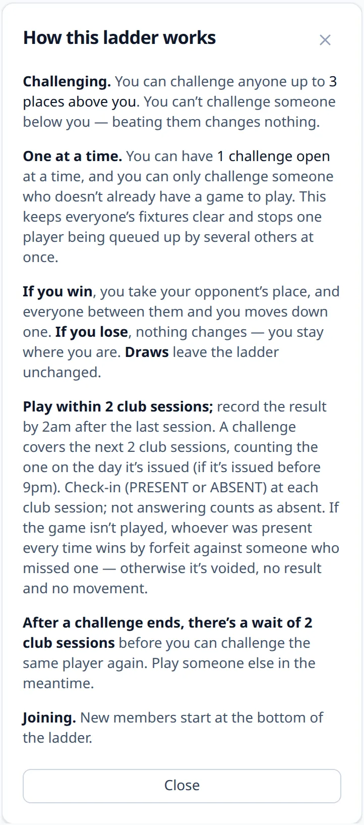 The ladder rules screen: challenging, one at a time, what happens if you win or lose, and the deadline for recording a result, all in plain English.